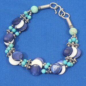 Handcrafted Double Strand‎ Beaded Bracelet With Blue & White Discs Fashion